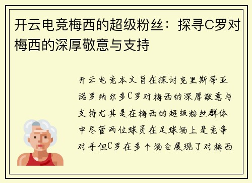 开云电竞梅西的超级粉丝：探寻C罗对梅西的深厚敬意与支持