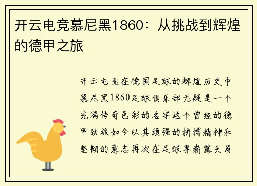 开云电竞慕尼黑1860：从挑战到辉煌的德甲之旅